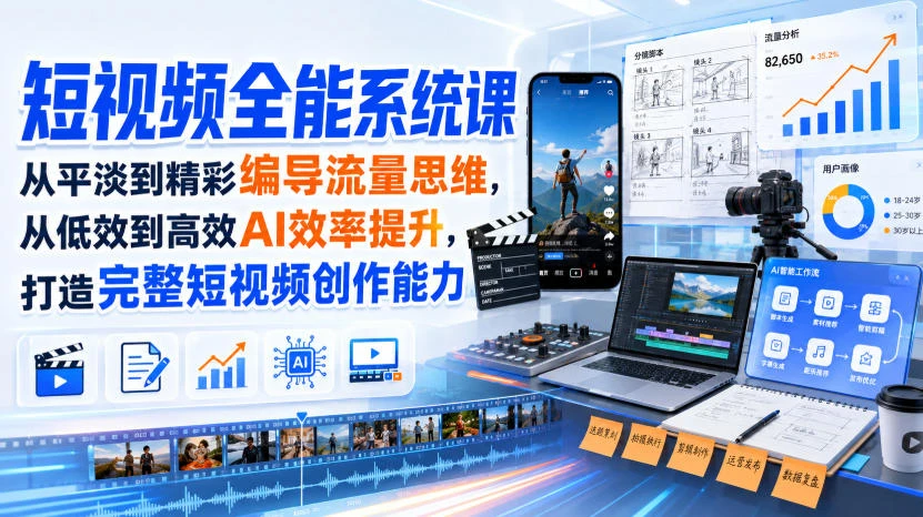【精】短视频全能系统课,从平淡到精彩编导流量思维,从低效到高效AI效率提升,打造完整短视频创作能力(完整版)-副业吧