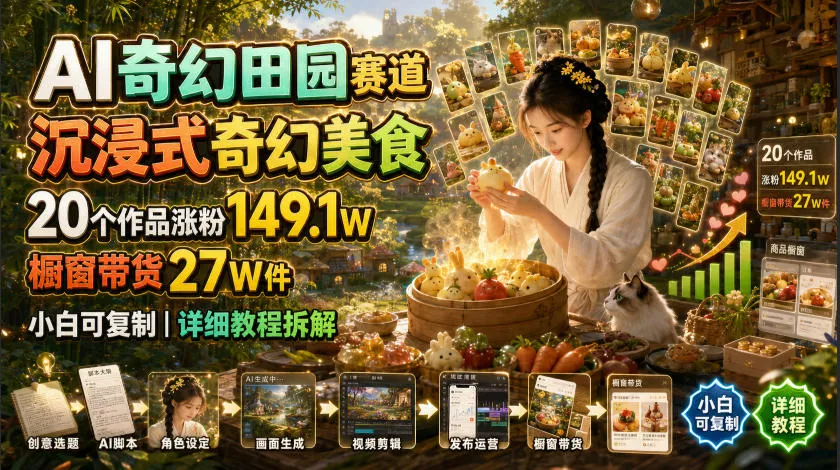 AI奇幻田园赛道,沉浸式奇幻美食,20个作品涨粉149.1W,橱窗带货27W件,小白可复制,详细教程拆解-副业吧