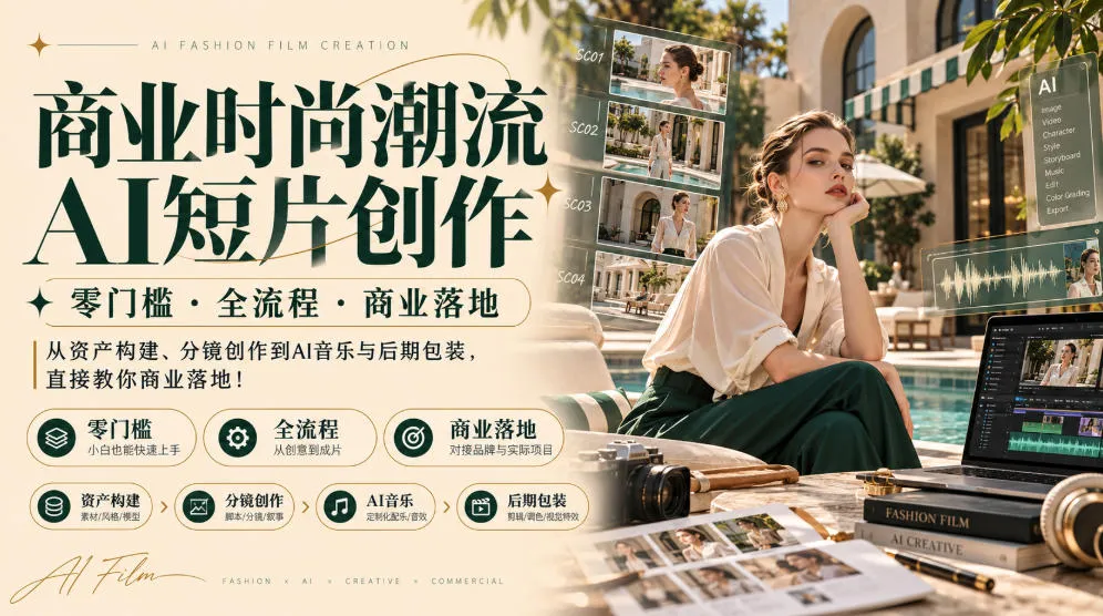 商业时尚潮流AI短片创作｜零门槛・全流程・商业落地，从资产构建、分镜创作到AI音乐与后期包装，直接教你商业落地！-副业吧