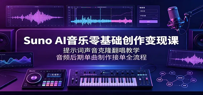 Suno AI音乐零基础创作变现课:提示词声音克隆翻唱教学,音频后期单曲制作接单全流程-副业吧