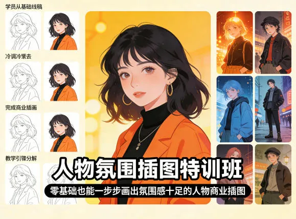 人物氛围插图特训班，零基础也能一步步画出氛围感十足的人物商业插图-副业吧