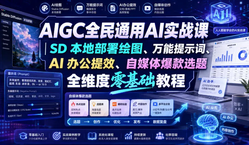 AIGC全民通用AI实战课|SD本地部署绘图、万能提示词、AI办公提效、自媒体爆款选题全维度零基础教程-副业吧
