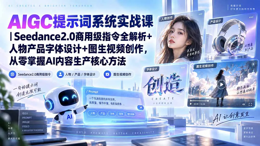 AIGC提示词系统实战课-无水印|Seedance2.0商用级指令全解析+人物产品字体设计+图生视频创作,掌握AI内容生产方法-副业吧
