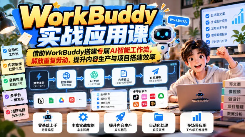 WorkBuddy实战应用课,借助WorkBuddy搭建专属AI智能工作流,解放重复劳动,提升内容生产与项目搭建效率-副业吧