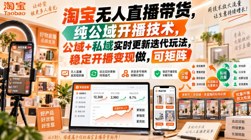 淘宝无人直播带货,纯公域开播技术,公域+私域实时更新迭代玩法,稳定开播变现做,可矩阵【揭秘】-副业吧
