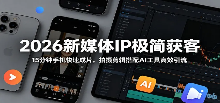 2026新媒体IP极简获客:15分钟手机快速成片,拍摄剪辑搭配AI工具高效引流-副业吧