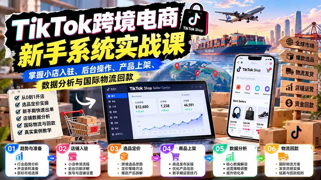 TikTok跨境电商新手系统实战课:掌握小店入驻、后台操作、产品上架、数据分析与国际物流回款-副业吧