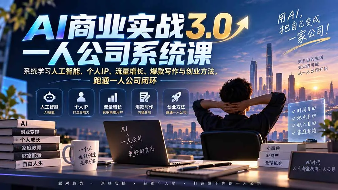 AI商业实战3.0一人公司系统课：系统学习人工智能、个人IP、流量增长、爆款写作与创业方法，跑通一人公司闭环-副业吧