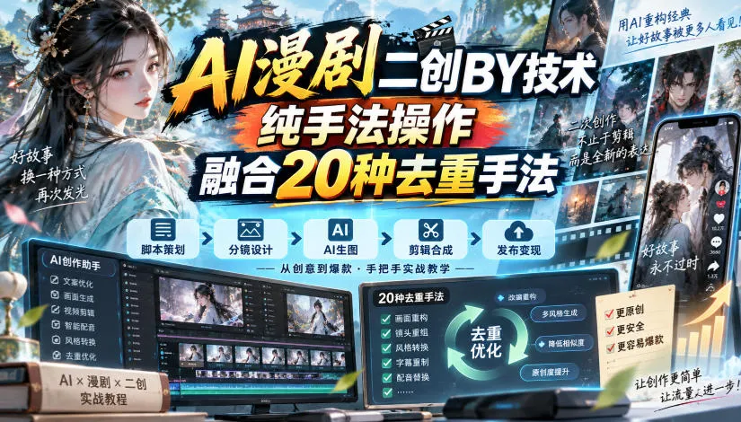 AI漫剧二创搬运技术,纯手法操作,融合20种去重手法-副业吧