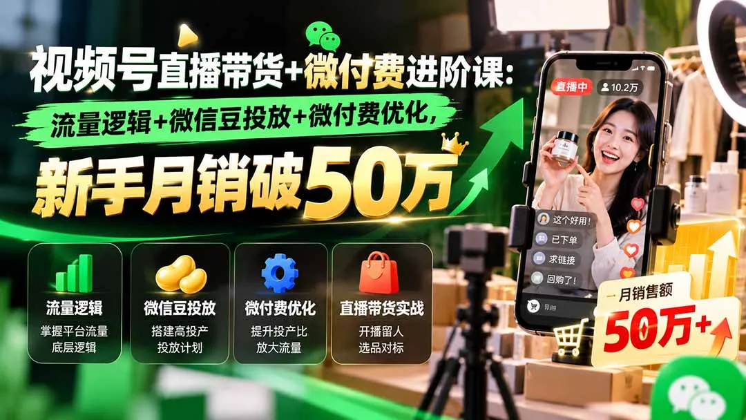 视频号直播带货+微付费进阶课-更新1010:流量逻辑+微信豆投放+微付费优化,新手月销破50万-副业吧