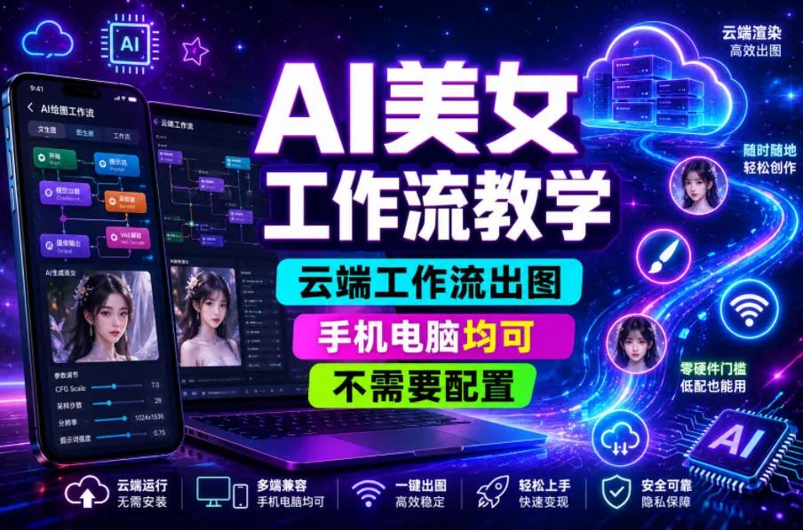 AI美女工作流教学,云端工作流出图,手机电脑均可,不需要配置,快速起号涨粉-副业吧