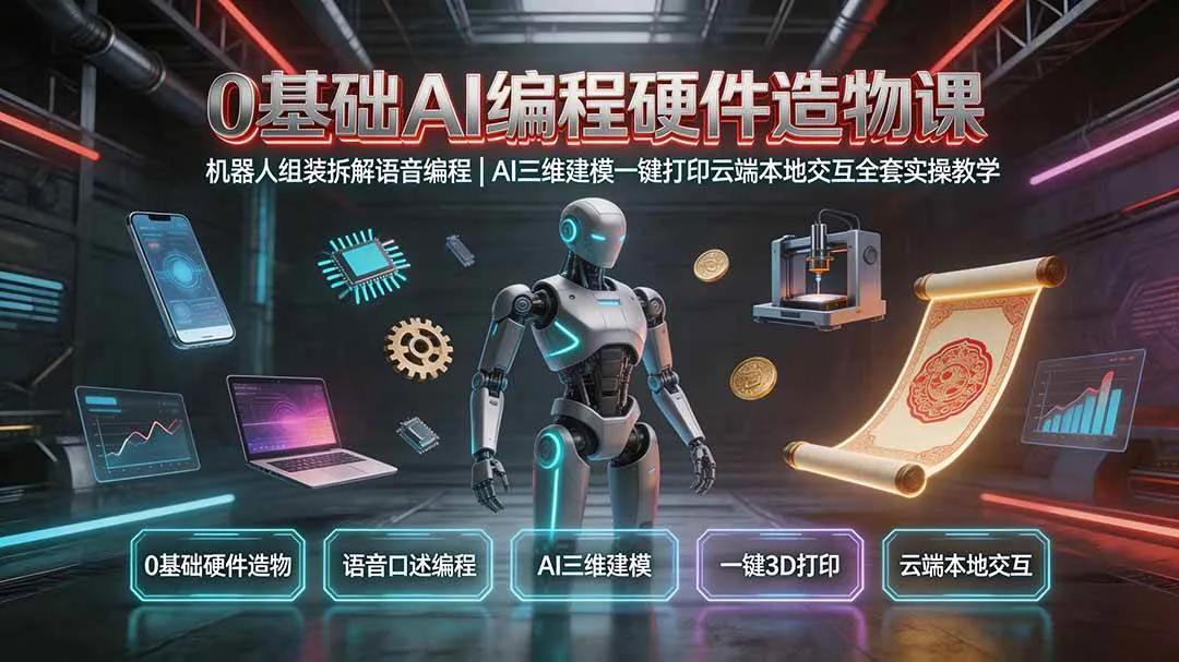 (19612期)0基础AI编程硬件造物课|机器人组装拆解语音编程,AI三维建模一键打印云端本地交互全套实操教学-副业吧 (19612期)0基础AI编程硬件造物课|机器人组装拆解语音编程,AI三维建模一键打印云端本地交互全套实操教学-副业吧