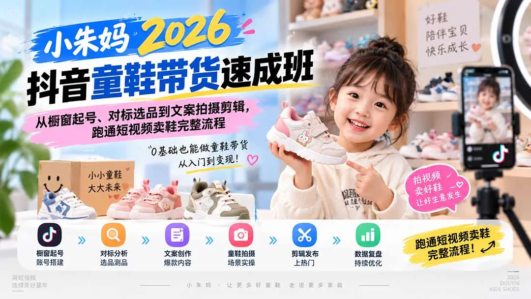 小朱妈2026抖音童鞋带货速成班：从橱窗起号、对标选品到文案拍摄剪辑，跑通短视频卖鞋完整流程-副业吧