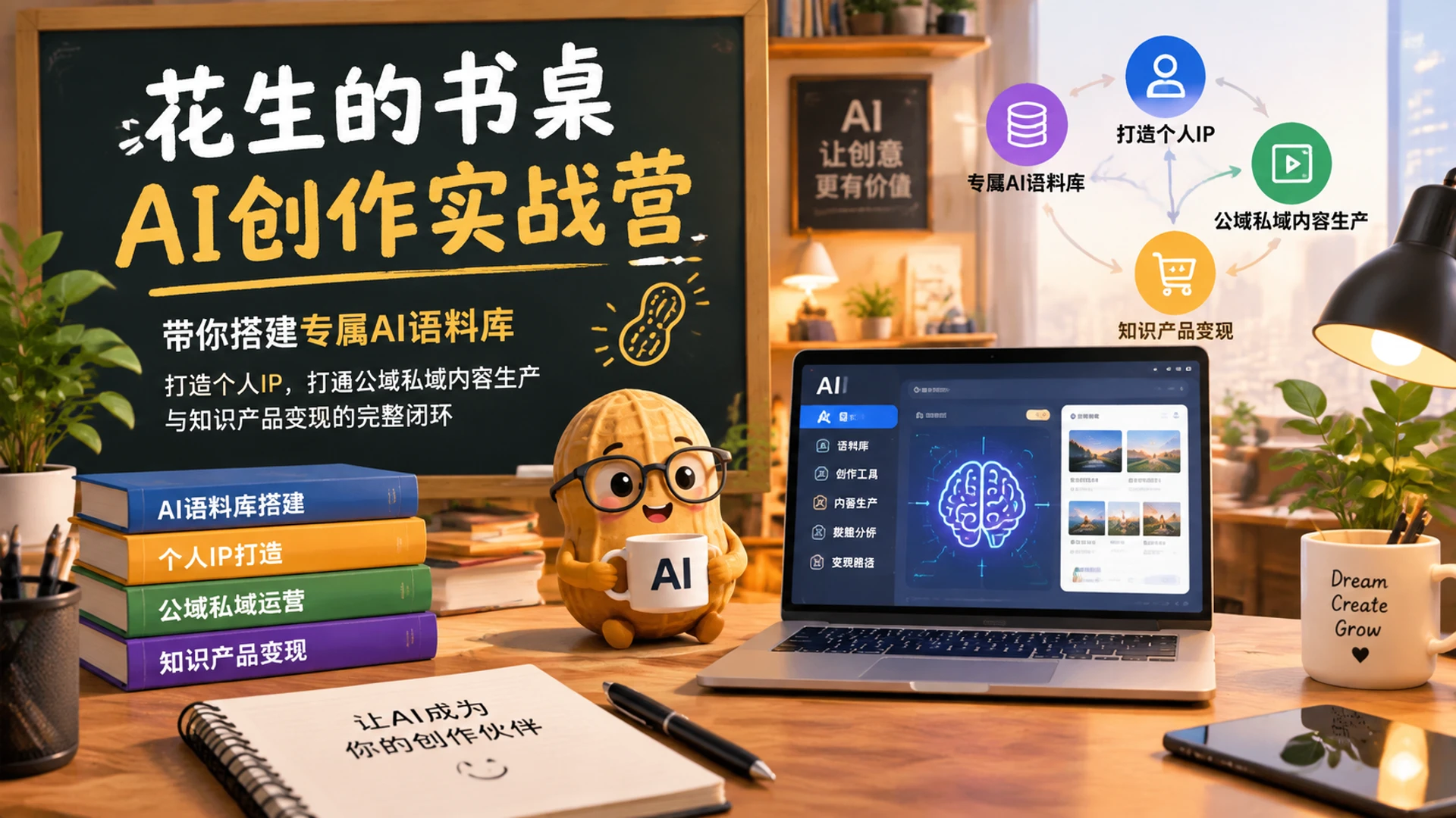 【精】花生的书桌 - AI创作实战营，带你搭建专属AI语料库打造个人IP，打通公域私域内容生产与知识产品变现的完整闭环-副业吧