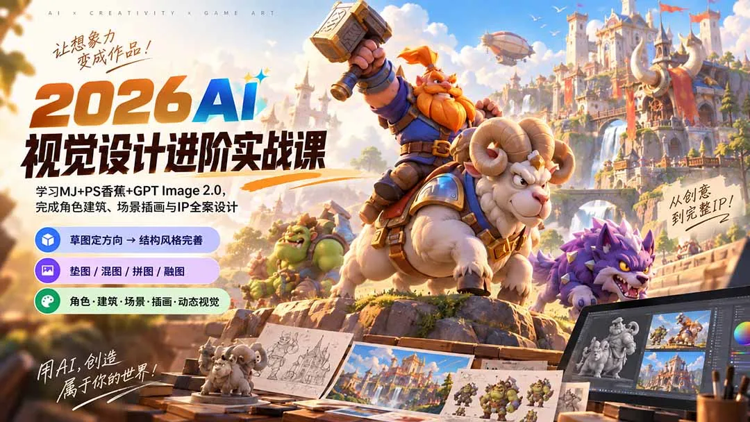 2026AI视觉设计进阶实战课-更新：学习MJ+PS香蕉+GPT Image 2.0，完成角色建筑、场景插画与IP全案设计-副业吧
