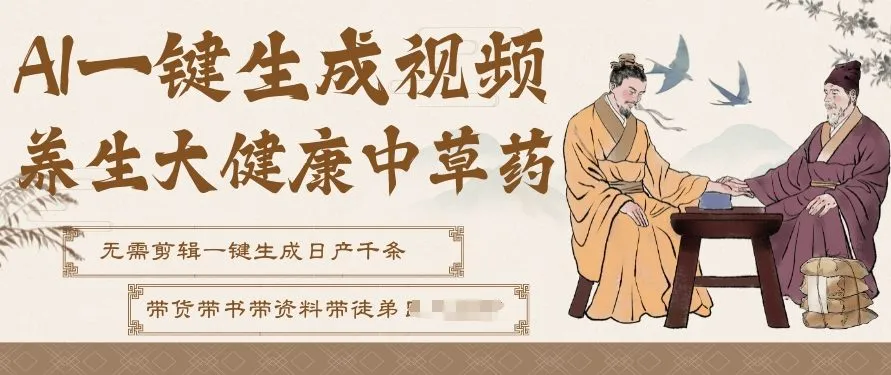 AI一键生成养生中草药视频，无需剪辑直接可发布，可带书带素材带资料带徒弟，流量财富嘎嘎猛-副业吧