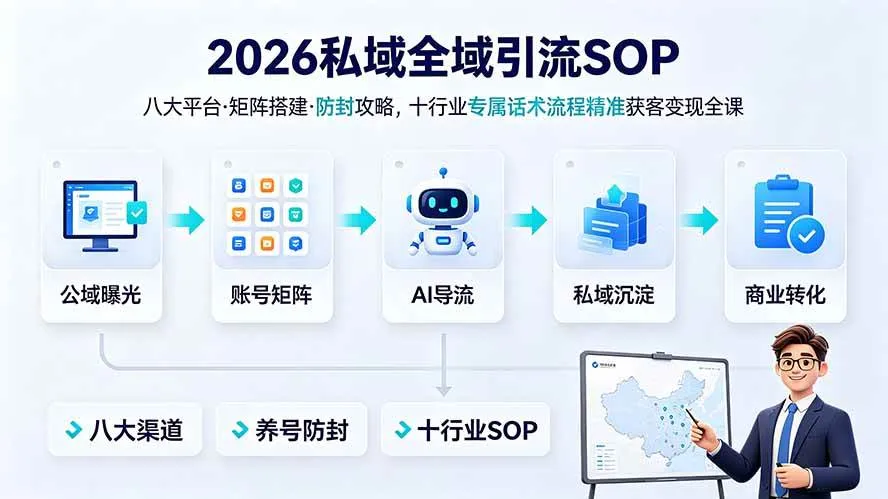 (19248期) 2026私域全域引流SOP|八大平台·矩阵搭建·防封攻略,十行业专属话术流程精准获客变现全课-副业吧