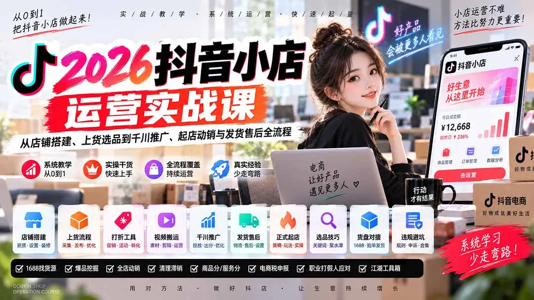 2026抖音小店运营实战课｜从店铺搭建、上货选品到千川推广、起店动销与发货售后全流程-副业吧