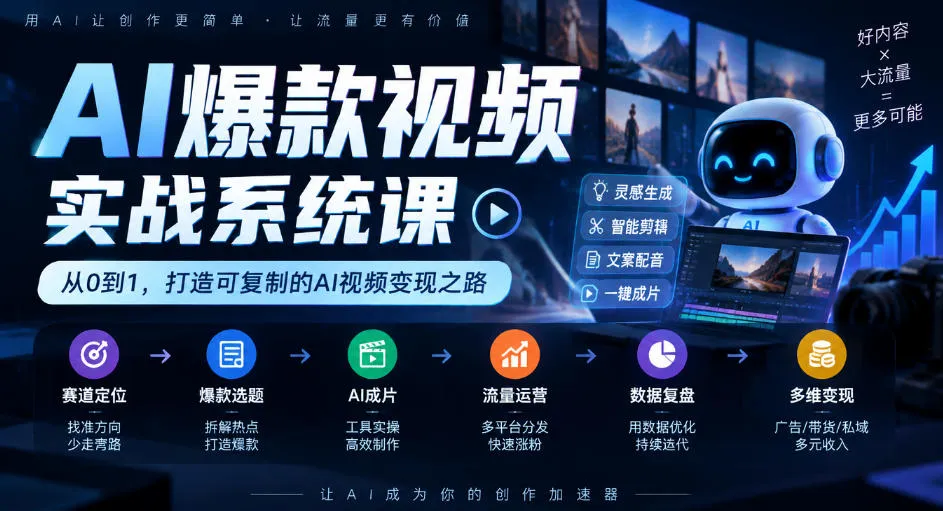 AI爆款视频实战系统课|赛道定位、爆款选题、AI成片、流量运营、数据复盘、多维变现全链路教学-副业吧