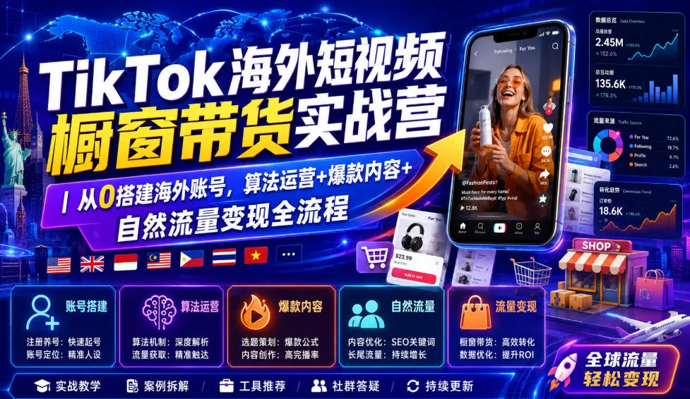TikTok海外短视频橱窗带货实战营｜从0搭建海外账号，算法运营+爆款内容+自然流量变现全流程-副业吧