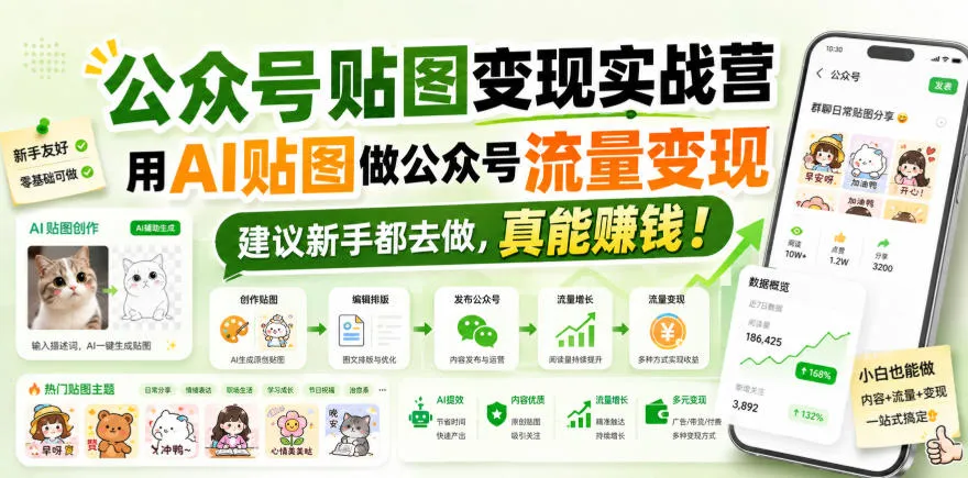 公众号贴图变现实战营,用AI贴图做公众号流量变现,建议新手都去做,真能賺钱!-副业吧