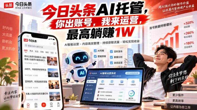 今日头条AI托管，你出账号，我来运营，最高躺賺1W【揭秘】-副业吧