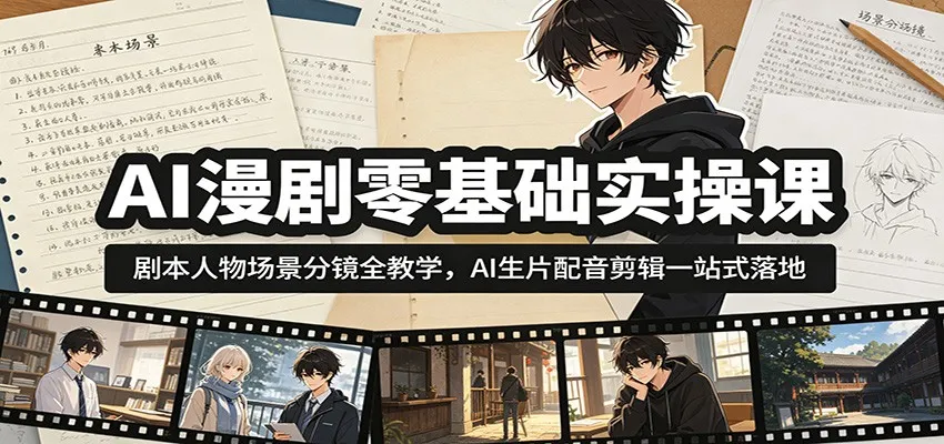 AI漫剧零基础实操课:剧本人物场景分镜全教学,AI生片配音剪辑一站式落地-副业吧