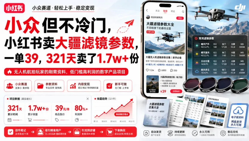 小众但不冷门,小红书卖大疆滤镜参数,一单39,321天卖了1.7w+份-副业吧
