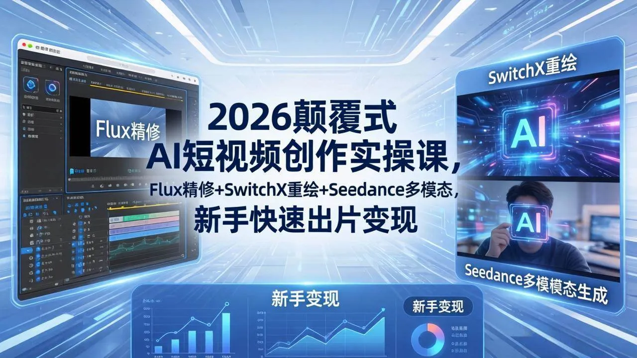 【精】2026颠覆式 AI短视频创作课-5月更新，Flux精修+SwitchX重绘+Seedance多模态，新手快速出片变现-副业吧