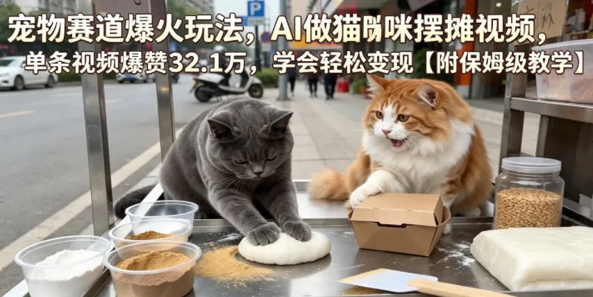 宠物赛道爆火玩法，AI做猫咪摆摊视频，单条视频爆赞32.1万，学会轻松变现【附保姆级教学】-副业吧