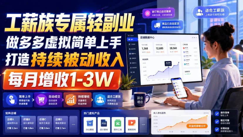 工薪族专属轻副业，做多多虚拟简单上手打造持续被动收入，每月增收1-3W【揭秘】-副业吧