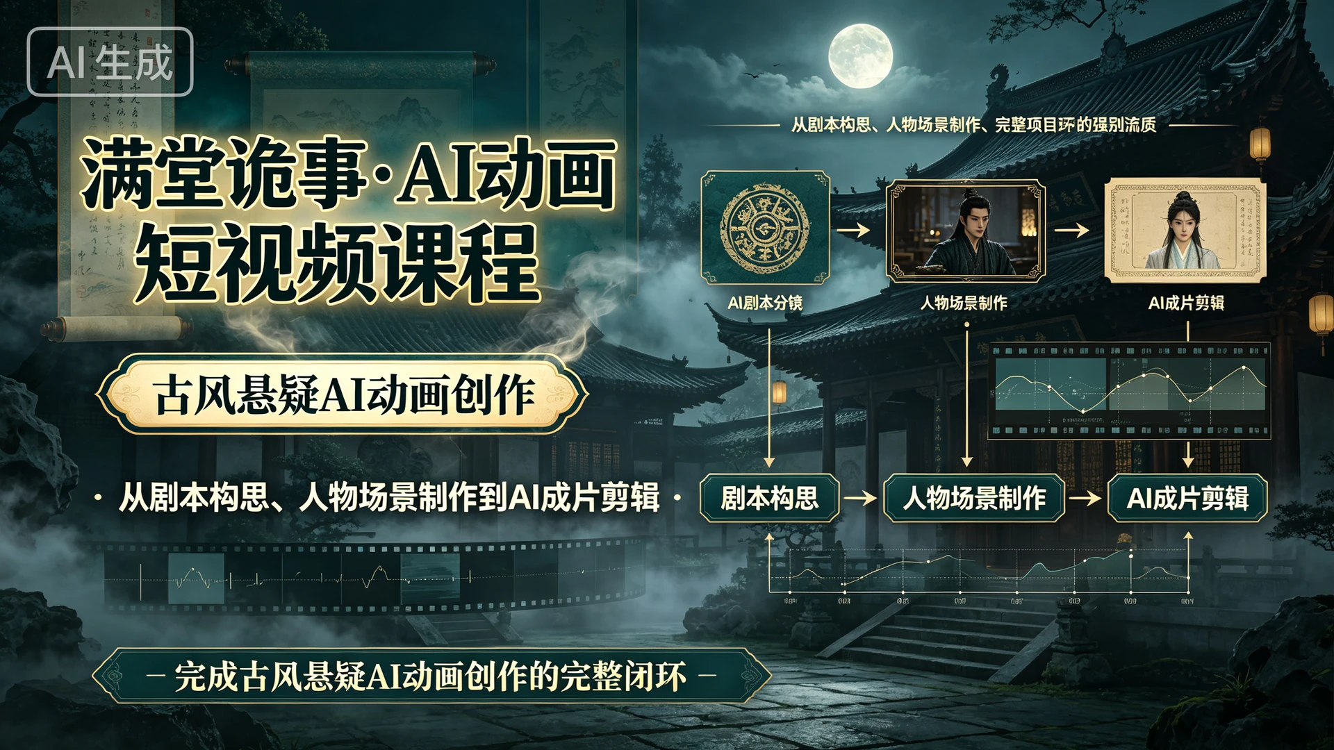 【精】满堂诡事・AI动画短视频课程,带你从剧本构思、人物场景制作到AI成片剪辑,完成古风悬疑AI动画创作的完整闭环-副业吧