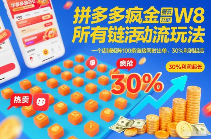 拼多多疯狂活动流玩法，所有链接全部打标，一个店铺矩阵100条链接同时出单，30%利润起店-副业吧