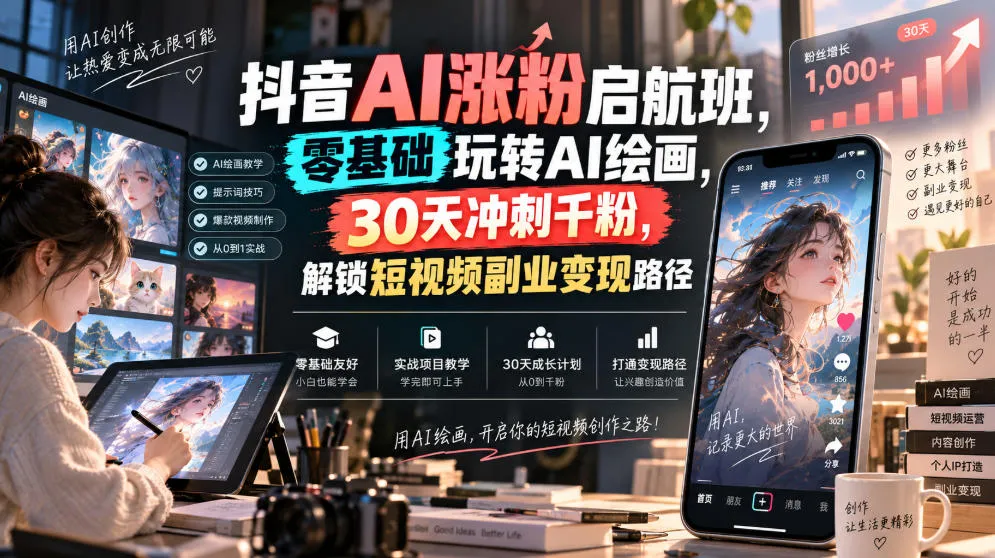 抖音AI涨粉启航班，零基础玩转AI绘画，30天冲刺千粉，解锁短视频副业变现路径-副业吧