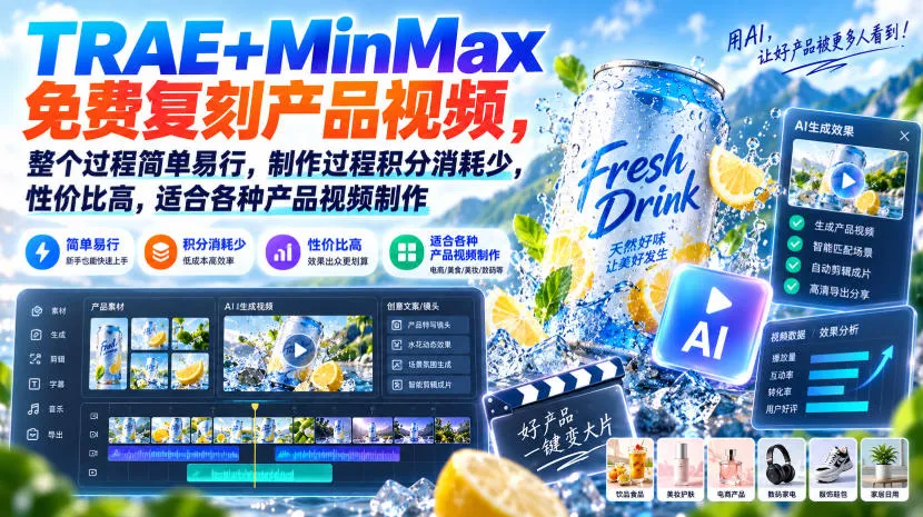 TRAE+MinMax免费复刻产品视频,整个过程简单易行,制作过程积分消耗少,性价比高,适合各种产品视频制作-副业吧