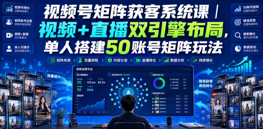 视频号矩阵获客系统课｜视频+直播双引擎布局，单人搭建50账号矩阵玩法，流量入池、搜索占位、全域引流沉淀私域全流程教学-副业吧