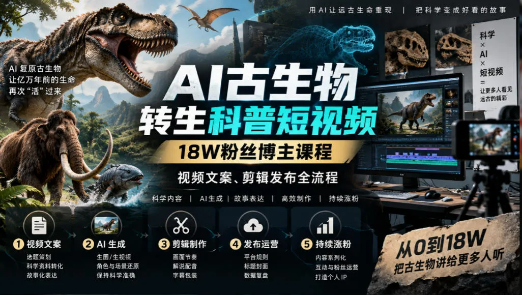 古生物AI科普短视频教学,带你从零基础到精通AI视频制作,实现古生物科普短视频制作的完整闭环,共2课时-副业吧