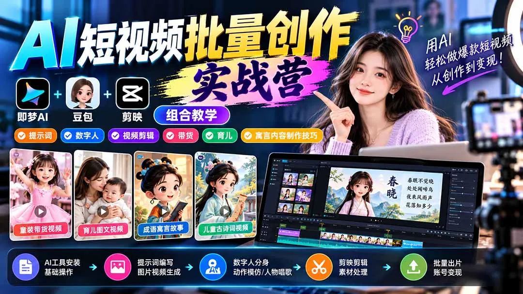 【无水印】AI短视频批量创作实战营：即梦+豆包+剪映组合教学，提示词/数字人/视频剪辑/带货/育儿/寓言内容制作技巧-副业吧
