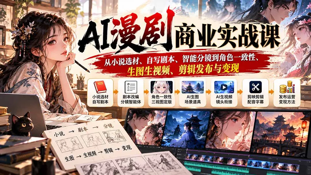 AI漫剧商业实战课:从小说选材、自写剧本、智能分镜到角色一致性、生图生视频、剪辑发布与变现-副业吧