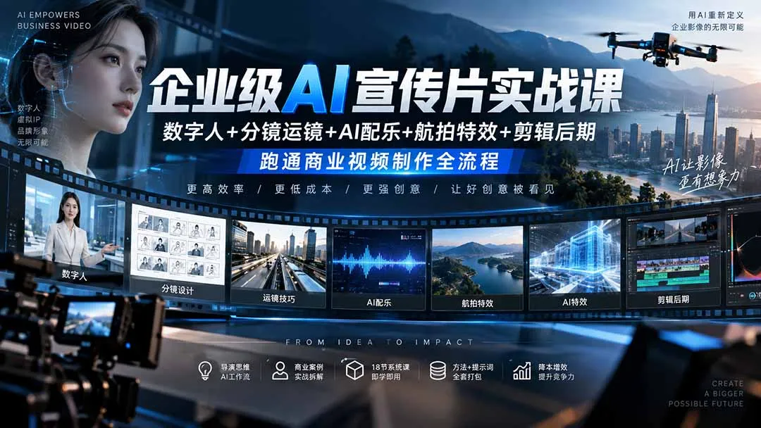 企业级AI宣传片实战课|数字人+分镜运镜+AI配乐+航拍特效+剪辑后期,跑通商业视频制作全流程-副业吧