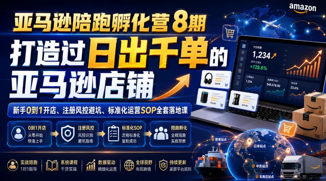 亚马逊陪跑孵化营8期,打造过日出千单的亚马逊店铺,新手0到1开店、注册风控避坑、标准化运营SOP全套落地课-副业吧