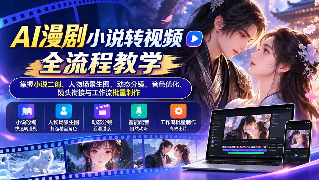 AI漫剧小说转视频全流程教学:掌握小说二创、人物场景生图、动态分镜、音色优化、镜头衔接与工作流批量制作-副业吧