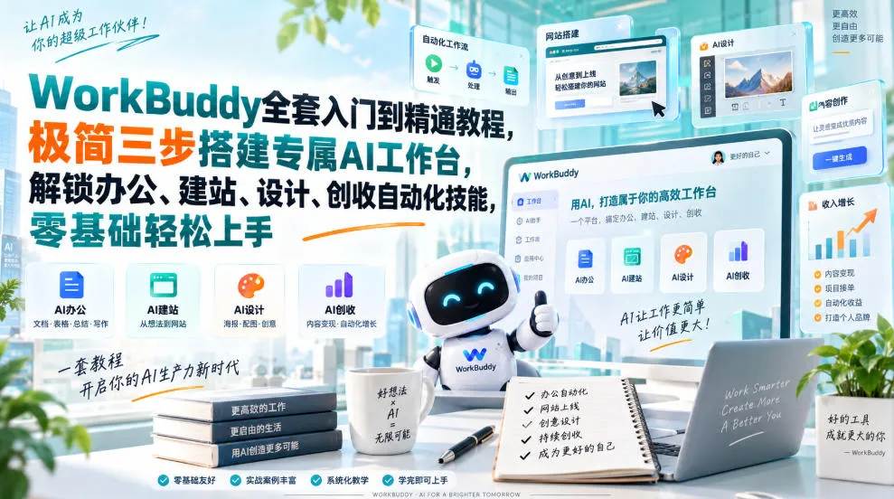 WorkBuddy全套入门到精通教程,极简三步搭建专属AI工作台,解锁办公、建站、设计、创收自动化技能,零基础轻松上手-副业吧
