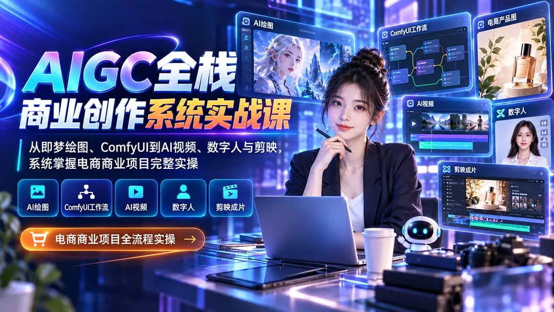 AIGC全栈商业创作系统实战课：从即梦绘图、ComfyUI到AI视频、数字人与剪映，系统掌握电商商业项目完整实操-副业吧