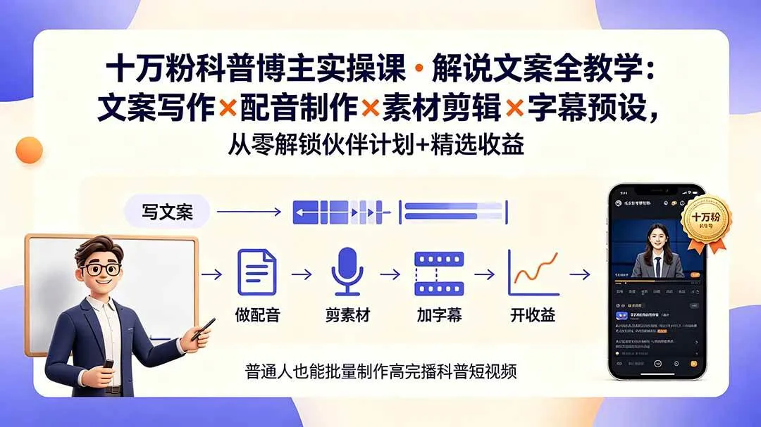 (19275期)10万粉科普博主实操课-解说文案全教学:文案写作×配音制作×素材剪辑×字幕预设,从零解锁伙伴计划+精选收益-副业吧 (19275期)10万粉科普博主实操课-解说文案全教学:文案写作×配音制作×素材剪辑×字幕预设,从零解锁伙伴计划+精选收益-副业吧