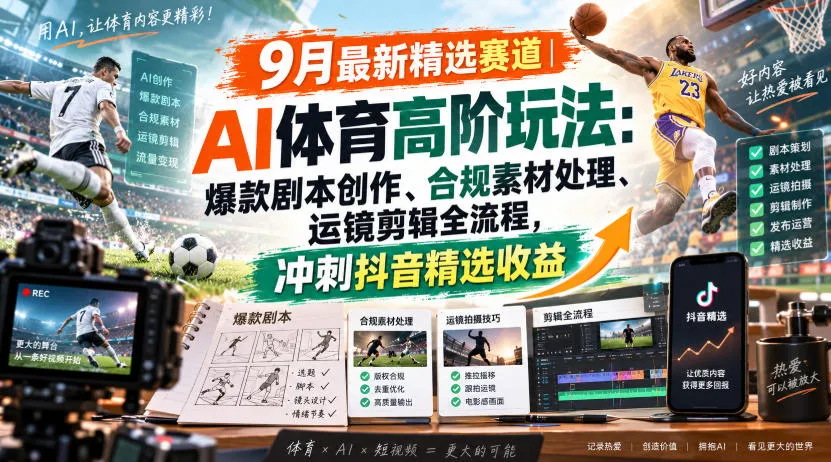 某大佬的9月最新精选赛道之AI体育顶级玩法,爆款剧本创作、版权规避、运镜剪辑全流程,稳拿抖音精选收益-副业吧
