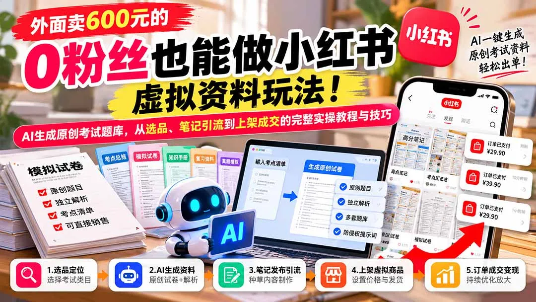 外面卖600元的 零粉丝也能做小红书虚拟资料玩法！AI生成原创考试题库，从选品、笔记引流到上架成交的完整实操教程-副业吧