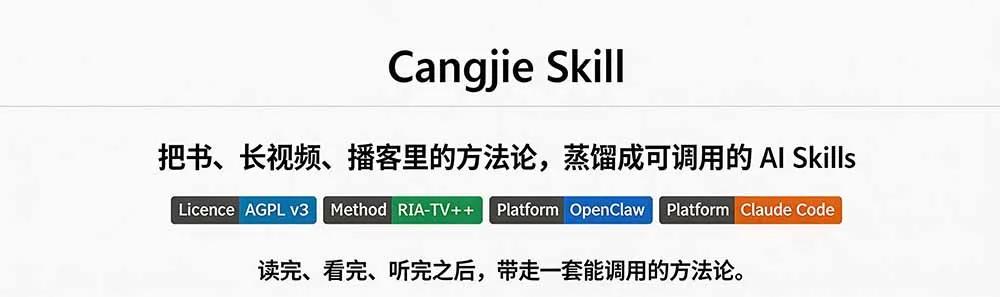 图片[1]-全网走红！GitHub上6.7K Star的开源项目，把任何书、长视频、播客蒸馏成AI工具，值得收藏 cangjie-skill-副业吧