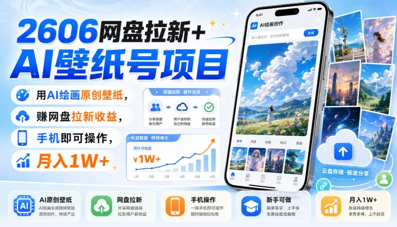 2606网盘拉新+AI壁纸号项目,用AI绘画原创壁纸,賺网盘拉新收益,手机即可操作,月入1W+-副业吧