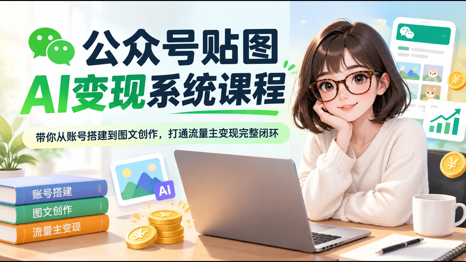 【精】公众号贴图AI变现系统课程，带你从账号搭建到图文创作，打通流量主变现完整闭环-副业吧